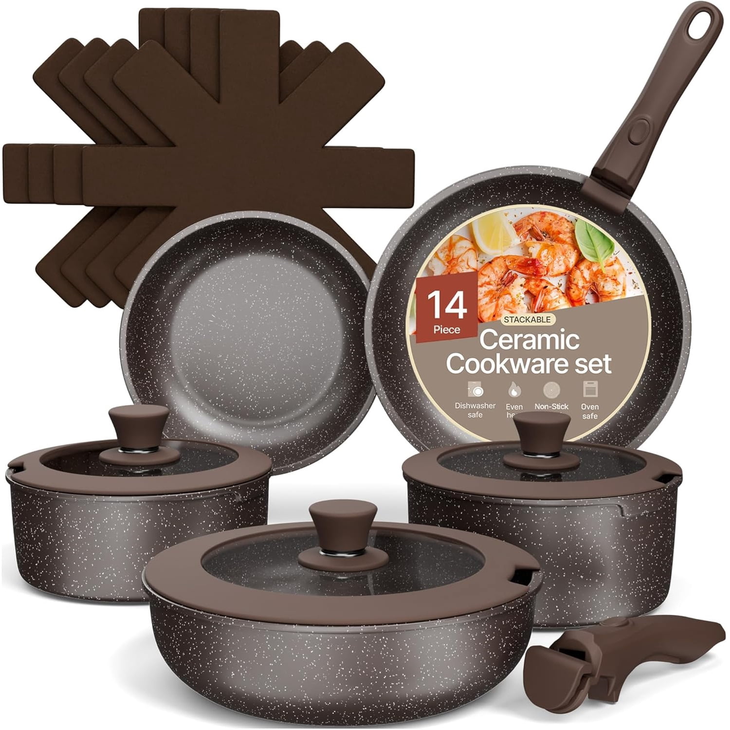 14-Piece Nonstick Stackable Ceramic Granite Cookware Set with Detachable Handles, Oven & Stove Safe, Brown
