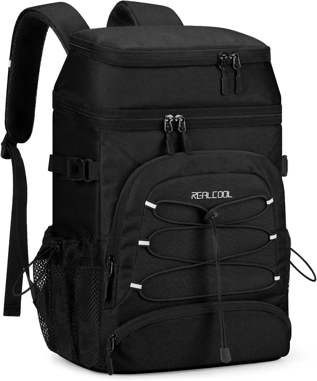 Realcool Backpack Cooler，33 Cans Insulated Leakproof Soft Cooler Bag Lightweight Camping Beach Lunch Backpack for Men Women Black