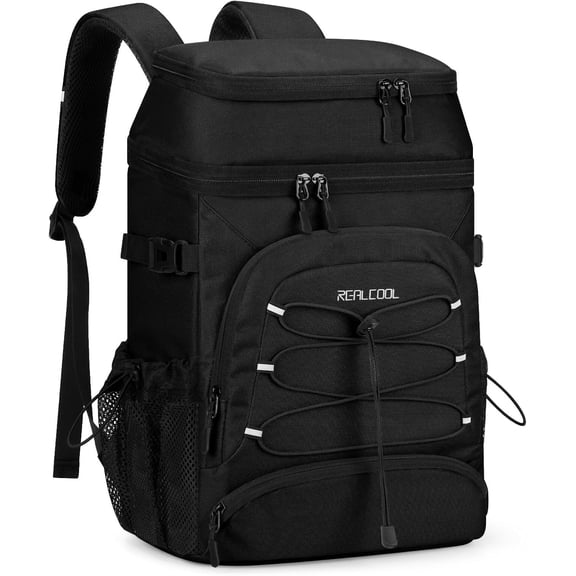 Realcool Backpack Cooler,33 Cans Insulated Leakproof Soft Cooler Bag Lightweight Camping Beach Lunch Backpack for Men Women Black