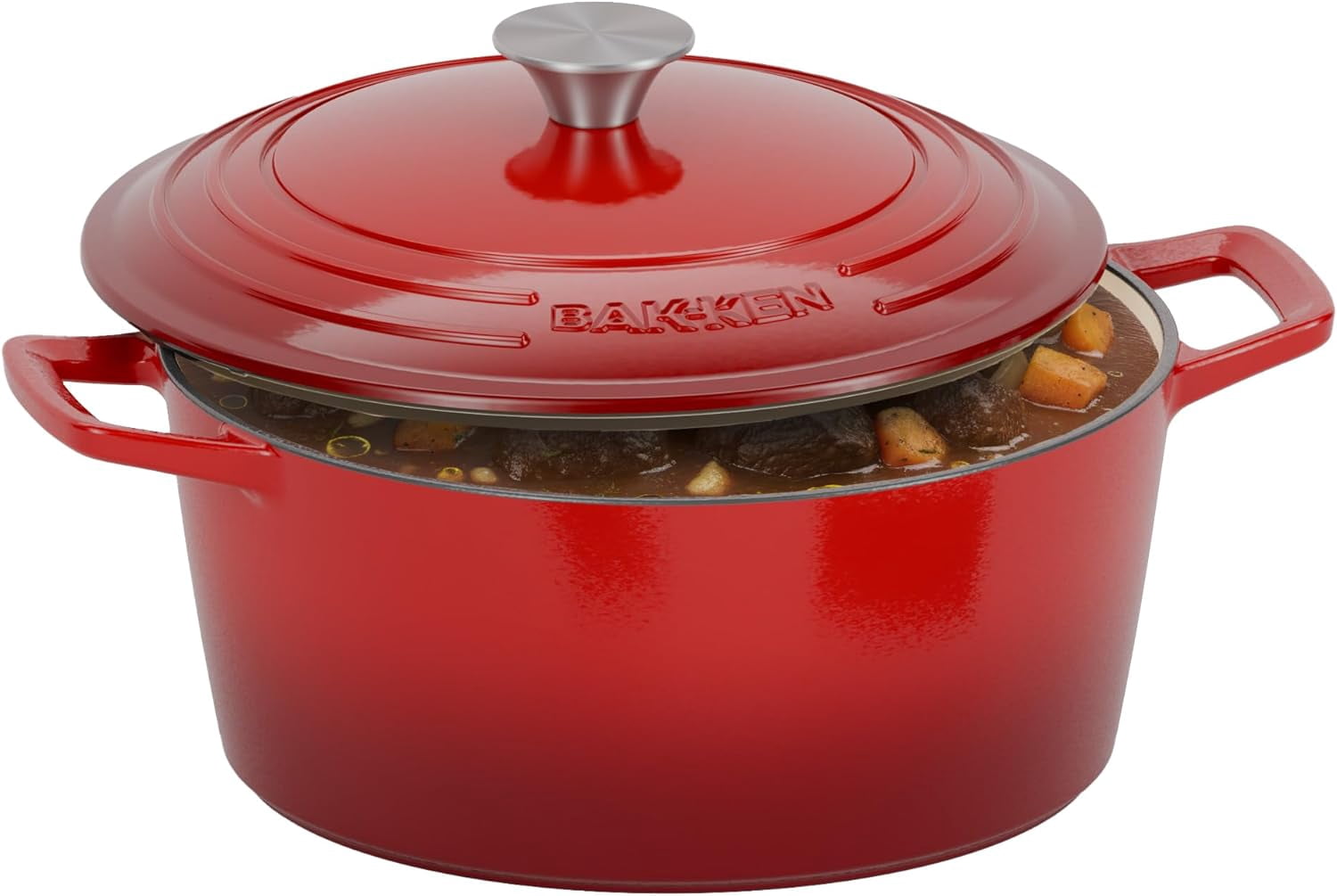 Bakken 6QT Red Enameled Cast Iron Dutch Oven with Moisture-Locking Lid - Oven Safe to 500°F