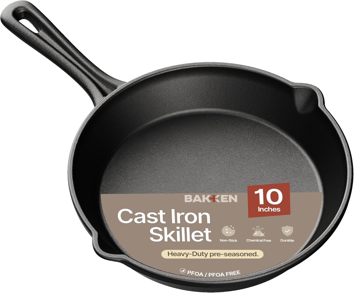 Bakken Cast Iron Skillet 10" Pre-Seasoned Frying Pans with Even Heat Retention, Versatile for Stove, Oven, Grill & Campfire, Easy-Grip Handles