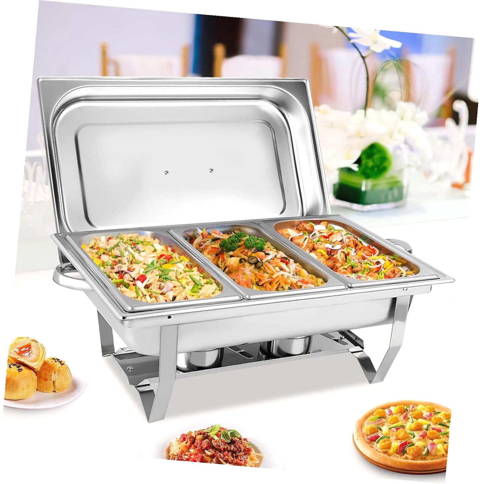 Bybiment 3L Chafing Dish, Steel Chafer Buffet with 3 Grids, Square ...