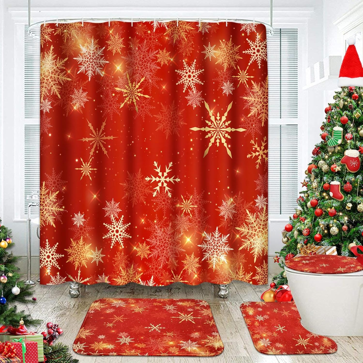 Bybiment 4 Piece Christmas Shower Curtain Sets, Red Snowflakes Xmas