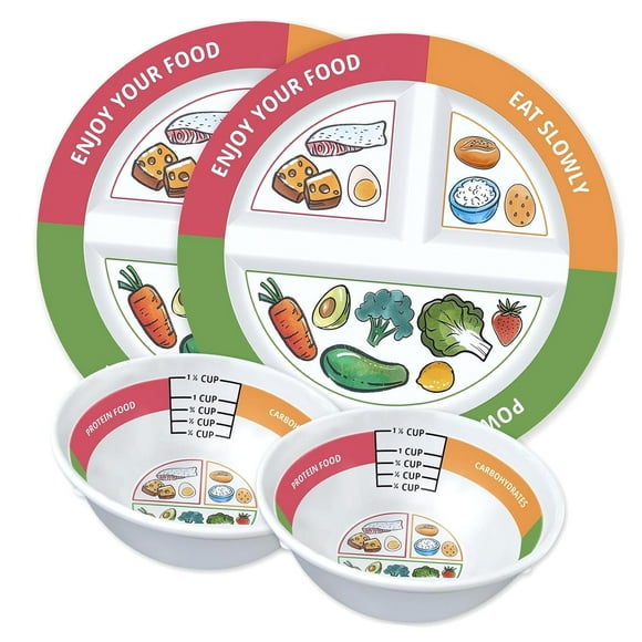 Bybiment 4 Piece Portion Control Plates & Bowls Set (9 Inch), Designed for Self-Measuring, Suitable for Gastric Bypass, LapBand, Diabetes, and Healthy Eating, Divided Nutrition Plates for Adults