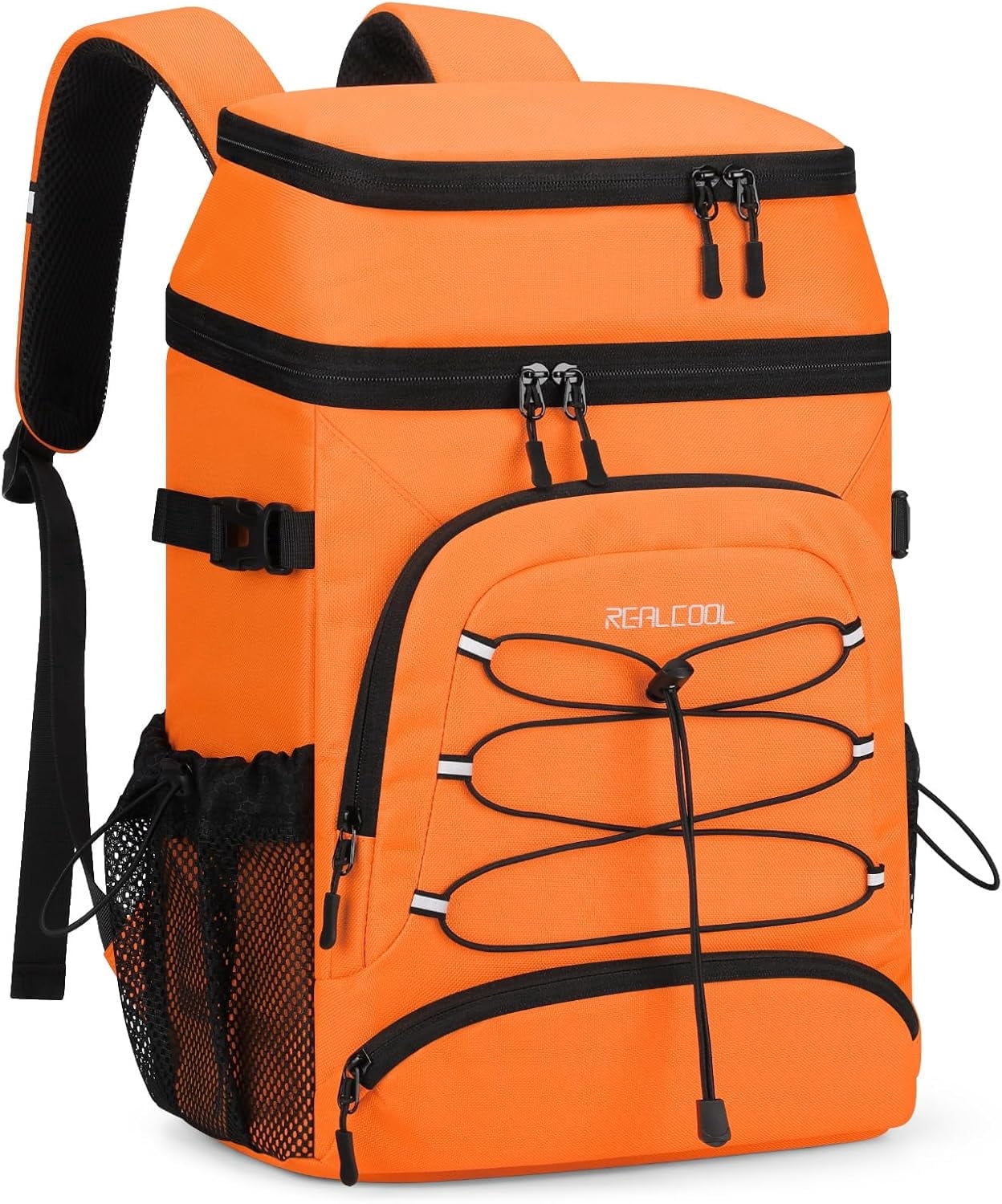 Realcool Backpack Cooler，33 Cans Insulated Leakproof Soft Cooler Bag Lightweight Camping Beach Lunch Backpack for Men Women Orange