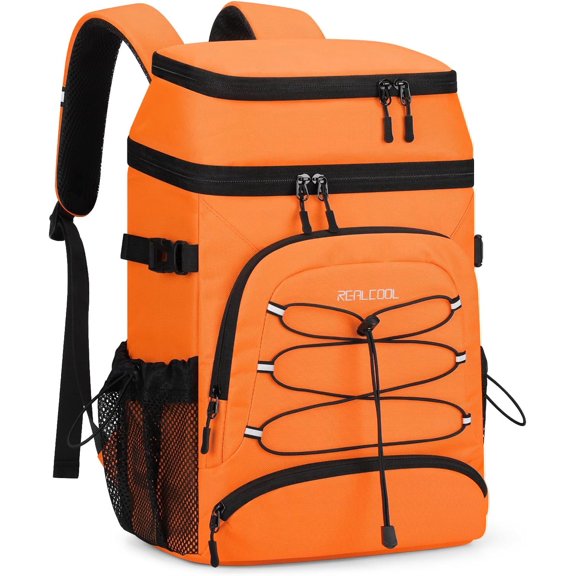 Realcool Backpack Cooler,33 Cans Insulated Leakproof Soft Cooler Bag Lightweight Camping Beach Lunch Backpack for Men Women Orange
