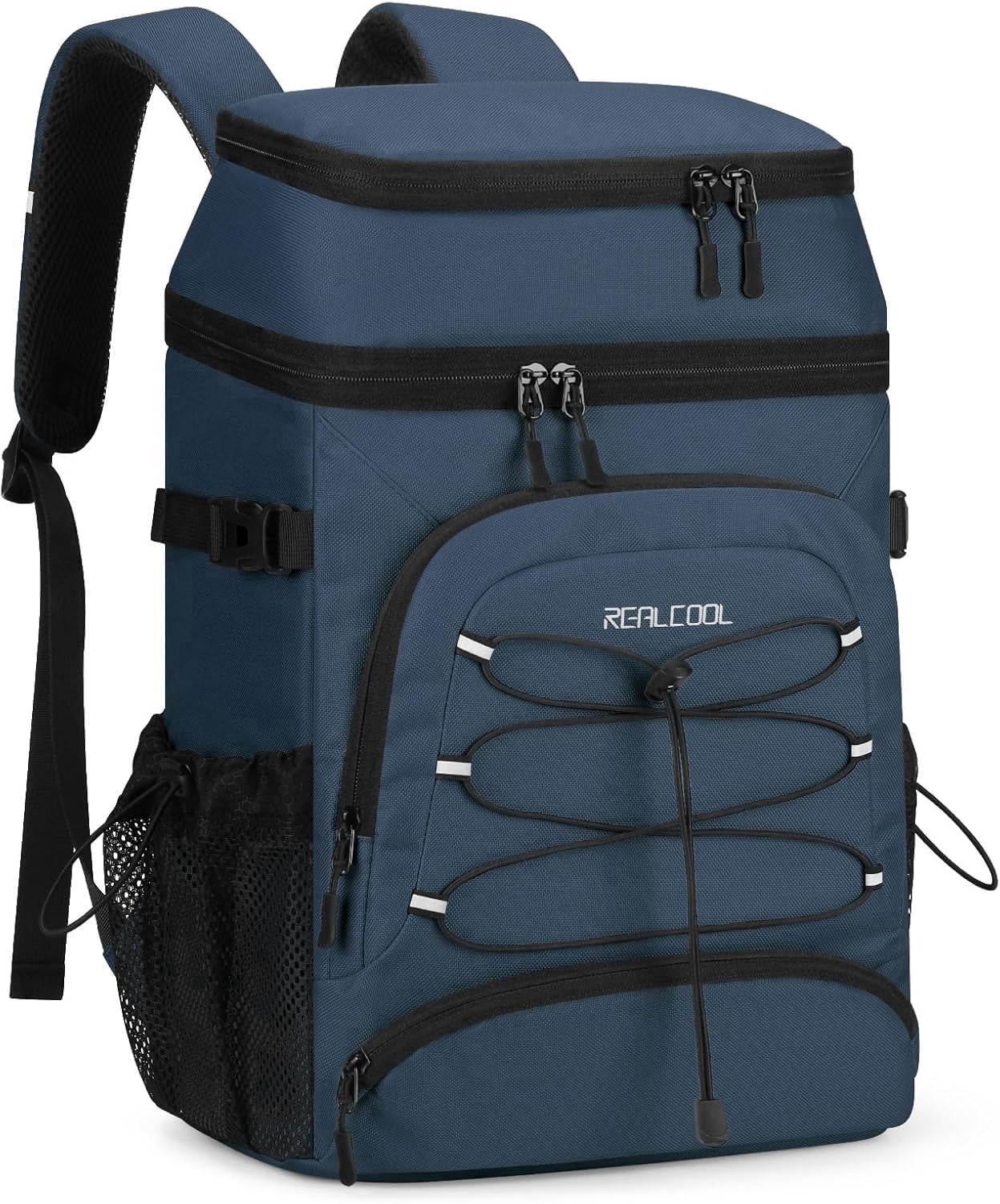 Realcool Backpack Cooler，33 Cans Insulated Leakproof Soft Cooler Bag Lightweight Camping Beach Lunch Backpack for Men Women Blue