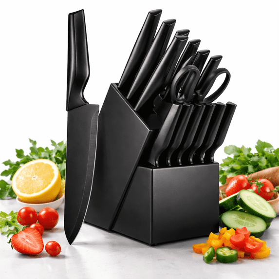 15-Piece Kitchen Knife Set with Block, High Carbon Stainless Steel Chef Knife Set, Ultra Sharp Cooking Knives, Professional Cutlery Set with Steak Knives (Black Modern Set)