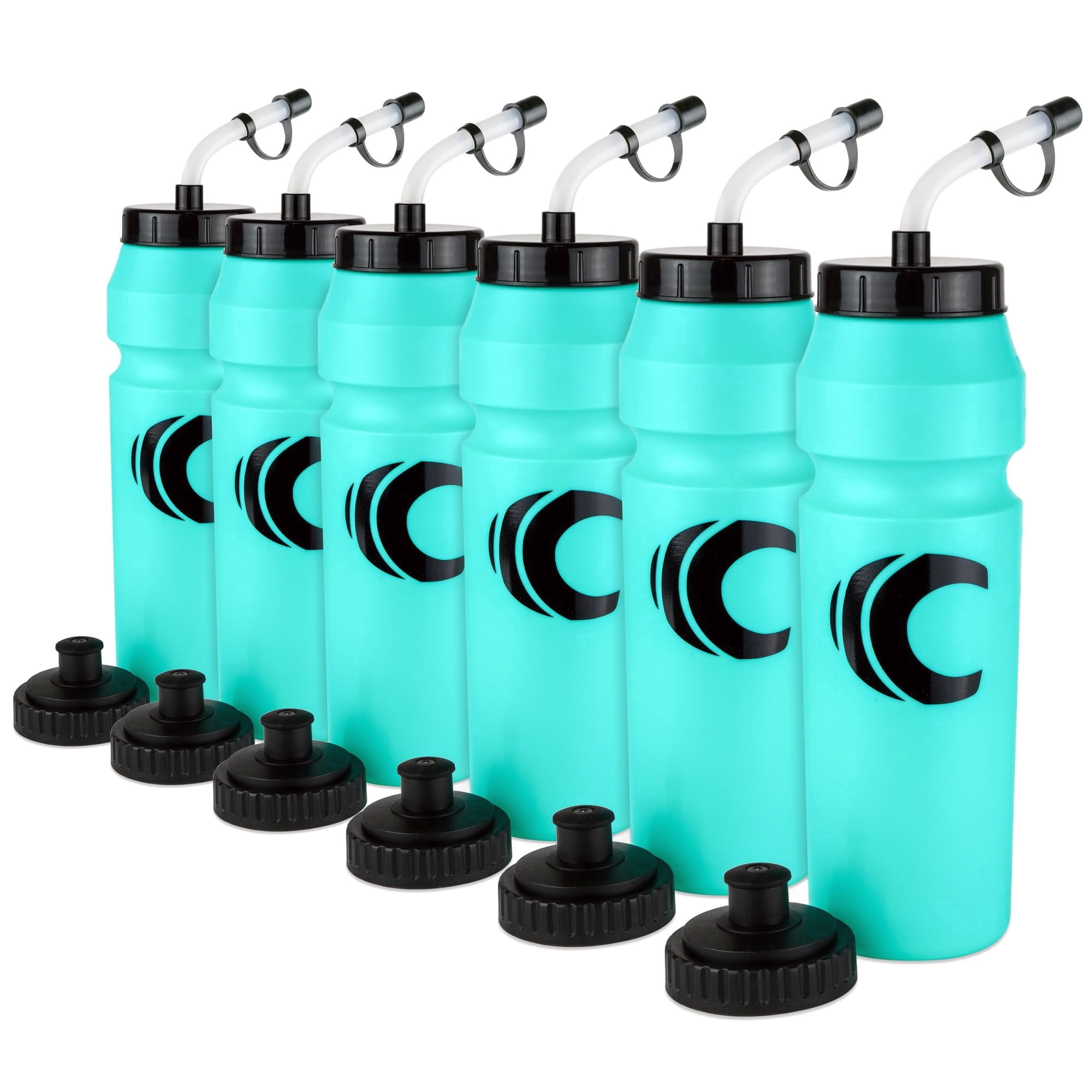 Cannon Sports 1 Liter Sports Water Bottle, BPA-Free, 34 Oz Capacity, Large Mouth, 2 lids (Straw and Squeeze), Great For Helmet Sports Such As Hockey, Lacrosse, Football, Boxing (6 Pack) (Aqua)