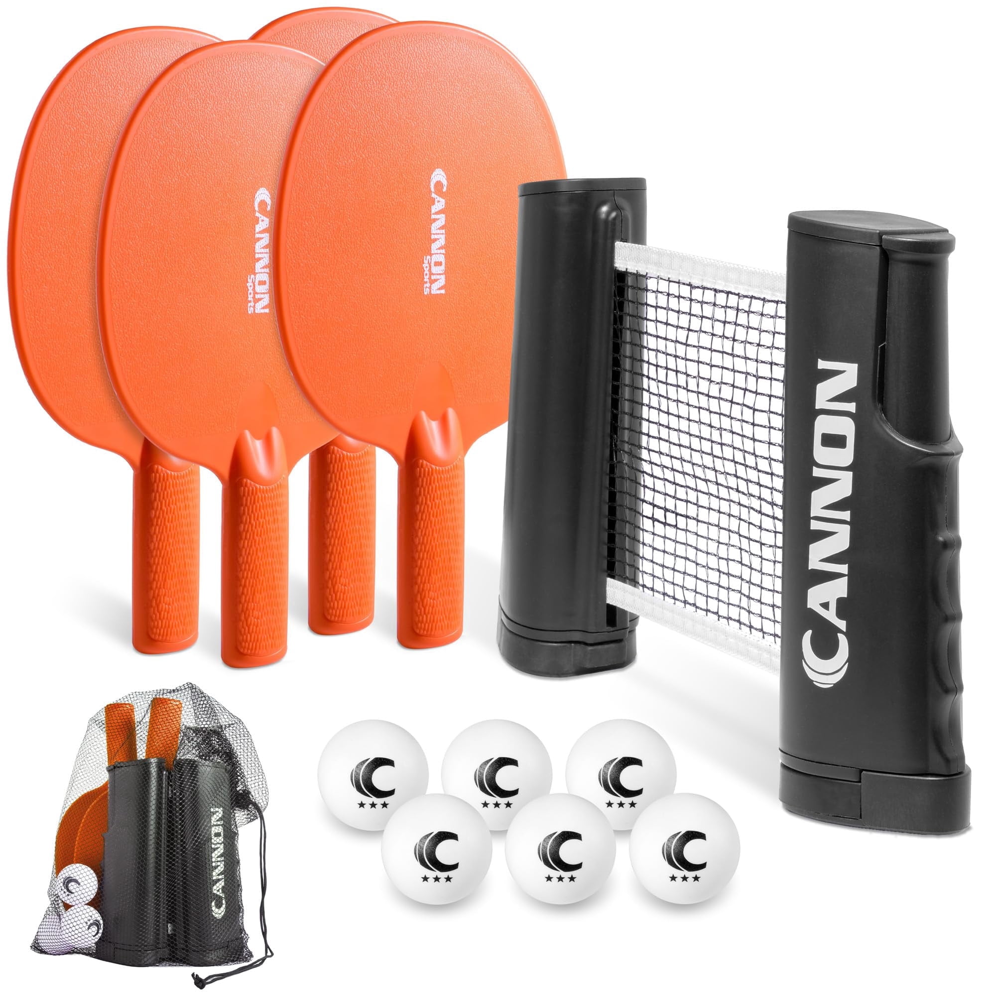 Cannon Sports Table Tennis Set – 4 Unbreakable Paddles, 6 3-Star Balls, Retractable Net & Carry Bag – Clamp-On Portable Ping Pong Net Fits Tables up to 2 Inch Thick, Extends to 6 Feet (Orange)