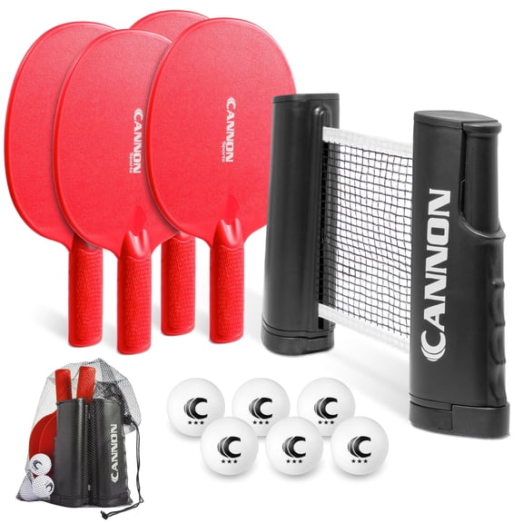 Cannon Sports Table Tennis Set – 4 Unbreakable Paddles, 6 3-Star Balls, Retractable Net & Carry Bag – Clamp-On Portable Ping Pong Net Fits Tables up to 2 Inch Thick, Extends to 6 Feet (Red)
