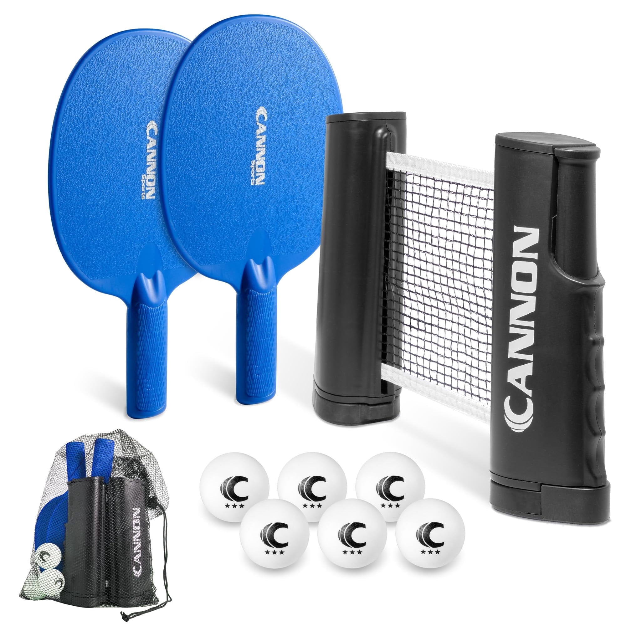 Cannon Sports Table Tennis Set – 2 Unbreakable Paddles, 6 3-Star Balls, Retractable Net & Carry Bag – Clamp-On Portable Ping Pong Net Fits Tables up to 2 Inch Thick, Extends to 6 Feet (Blue)