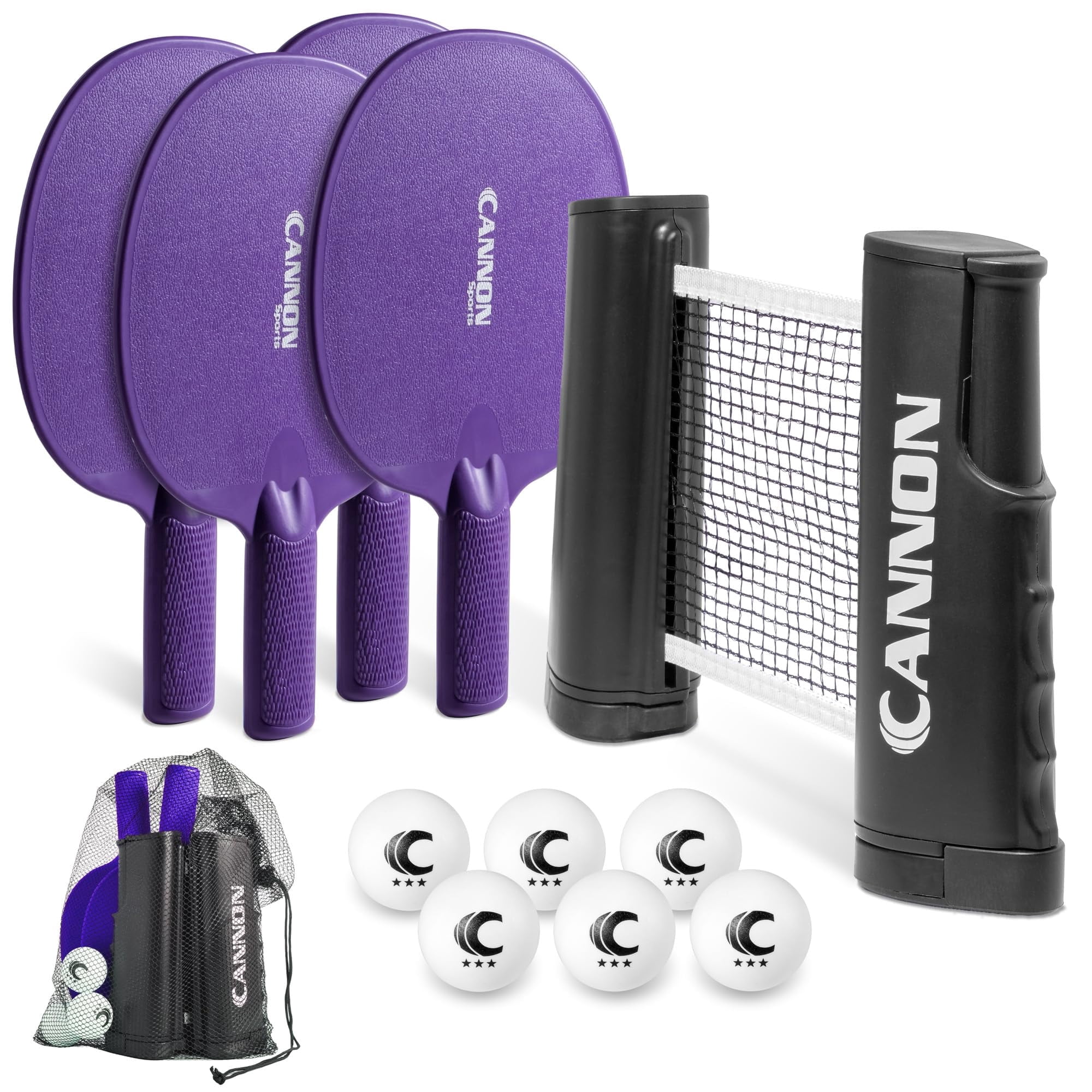 Cannon Sports Table Tennis Set – 4 Unbreakable Paddles, 6 3-Star Balls, Retractable Net & Carry Bag – Clamp-On Portable Ping Pong Net Fits Tables up to 2 Inch Thick, Extends to 6 Feet (Purple)