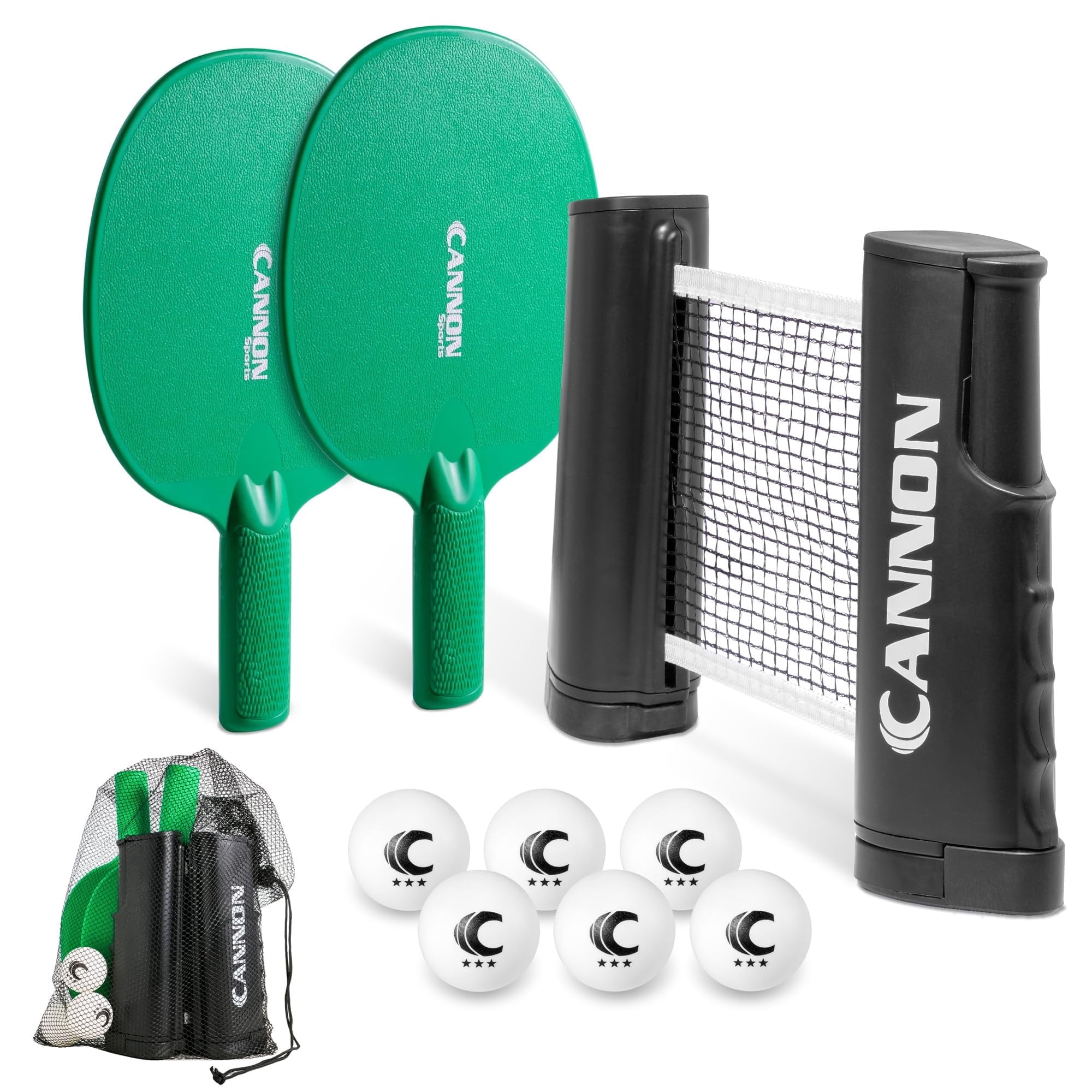 Cannon Sports Table Tennis Set – 2 Unbreakable Paddles, 6 3-Star Balls, Retractable Net & Carry Bag – Clamp-On Portable Ping Pong Net Fits Tables up to 2 Inch Thick, Extends to 6 Feet (Green)