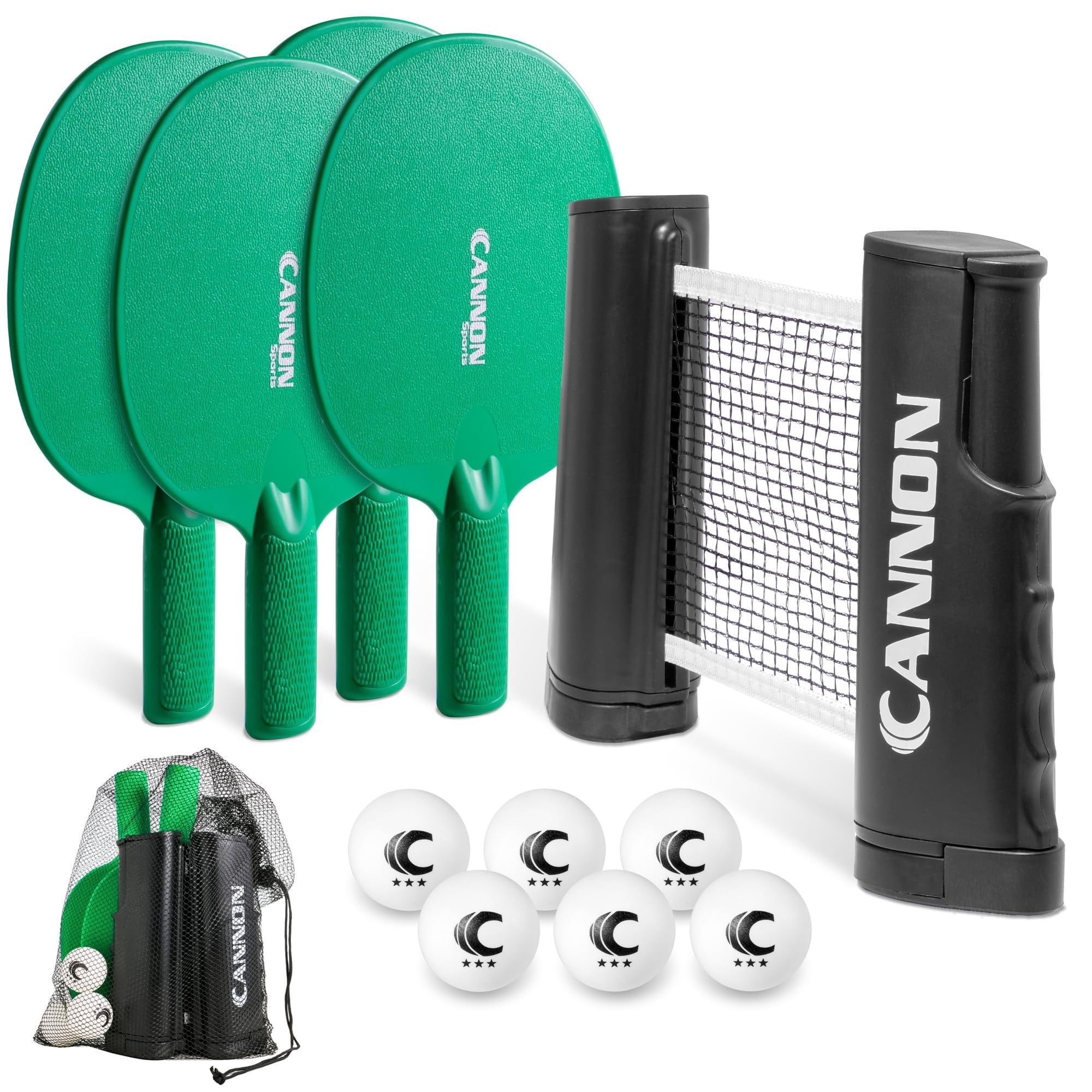 Cannon Sports Table Tennis Set – 4 Unbreakable Paddles, 6 3-Star Balls, Retractable Net & Carry Bag – Clamp-On Portable Ping Pong Net Fits Tables up to 2 Inch Thick, Extends to 6 Feet (Green)
