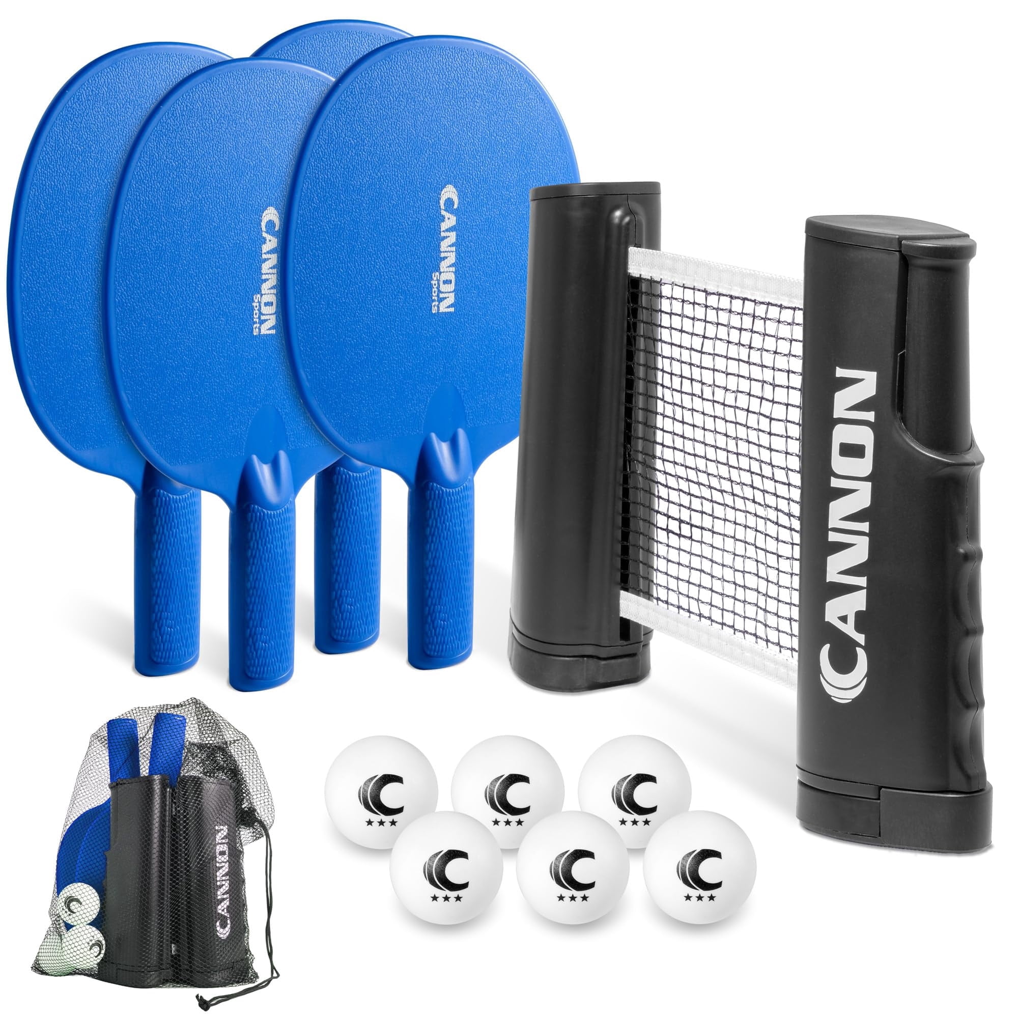 Cannon Sports Table Tennis Set – 4 Unbreakable Paddles, 6 3-Star Balls, Retractable Net & Carry Bag – Clamp-On Portable Ping Pong Net Fits Tables up to 2 Inch Thick, Extends to 6 Feet (Blue)