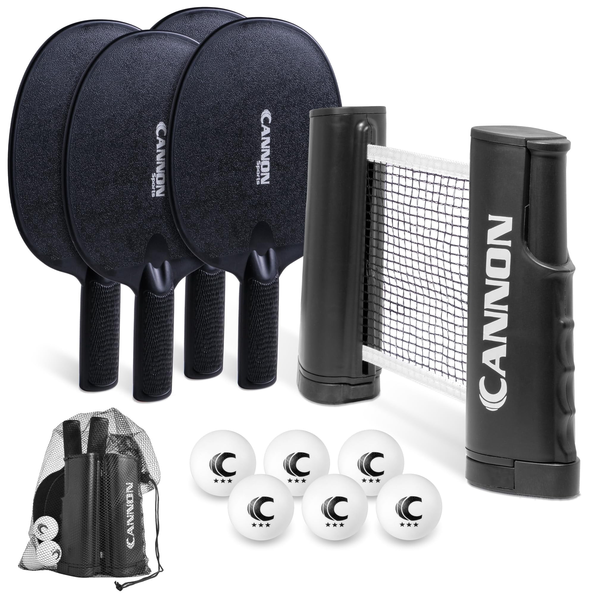 Cannon Sports Table Tennis Set – 4 Unbreakable Paddles, 6 3-Star Balls, Retractable Net & Carry Bag – Clamp-On Portable Ping Pong Net Fits Tables up to 2 Inch Thick, Extends to 6 Feet (Black)