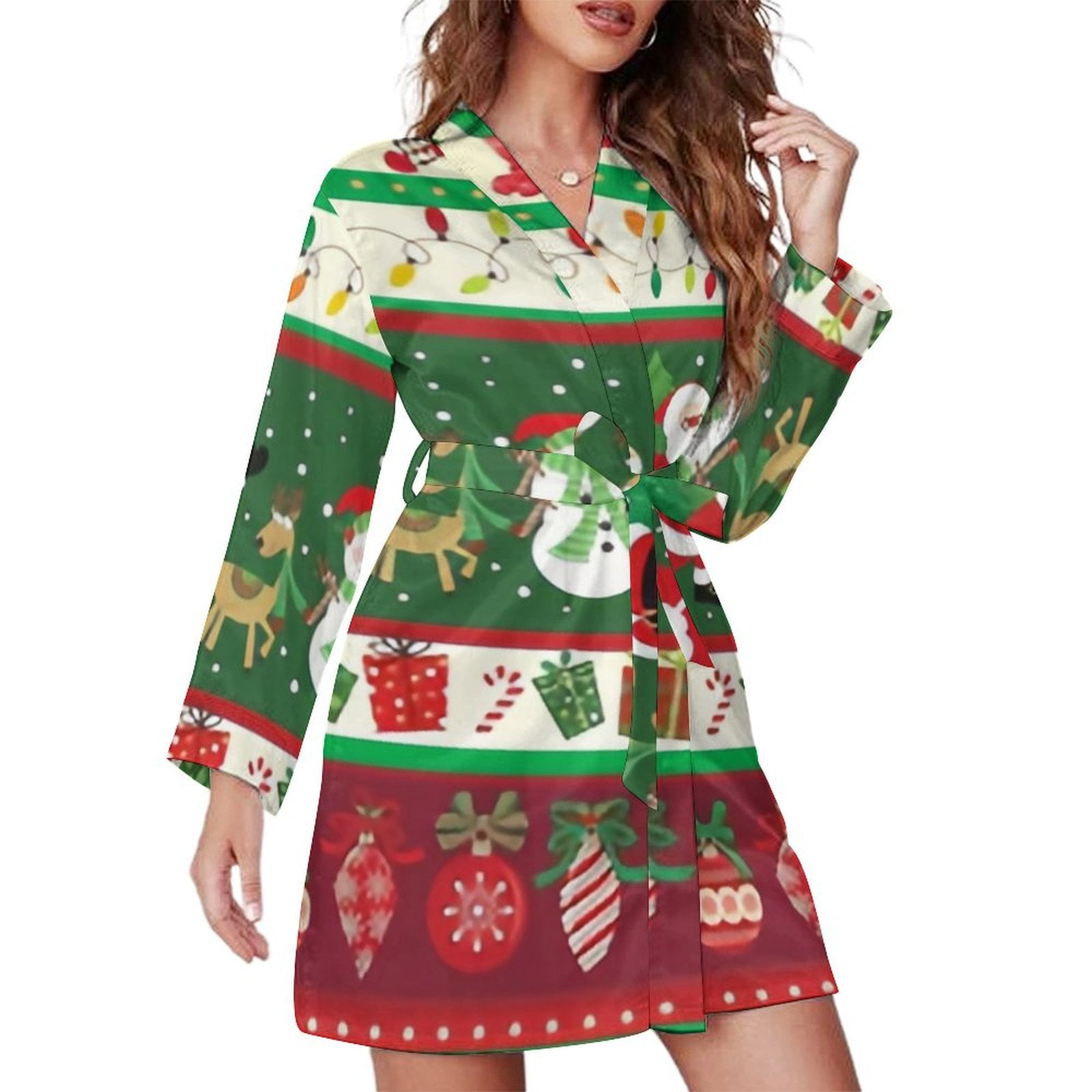 Bybiment Christmas Card Design Santa Snowman Women's Long Sleeve Belted
