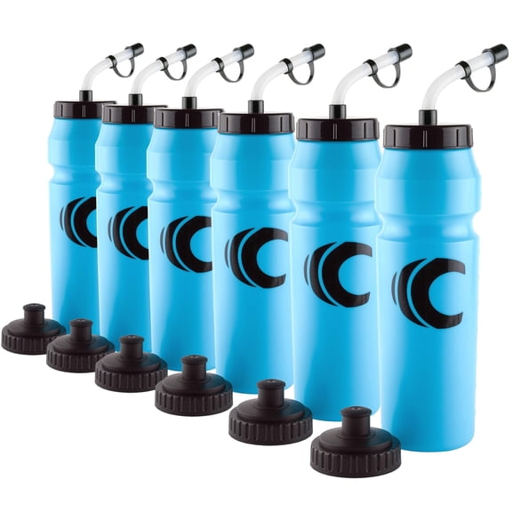 Cannon Sports 1 Liter Sports Water Bottle, BPA-Free, 34 Oz Capacity, Large Mouth, 2 lids (Straw and Squeeze), Great For Helmet Sports Such As Hockey, Lacrosse, Football, Boxing (6 Pack) (Light Blue)