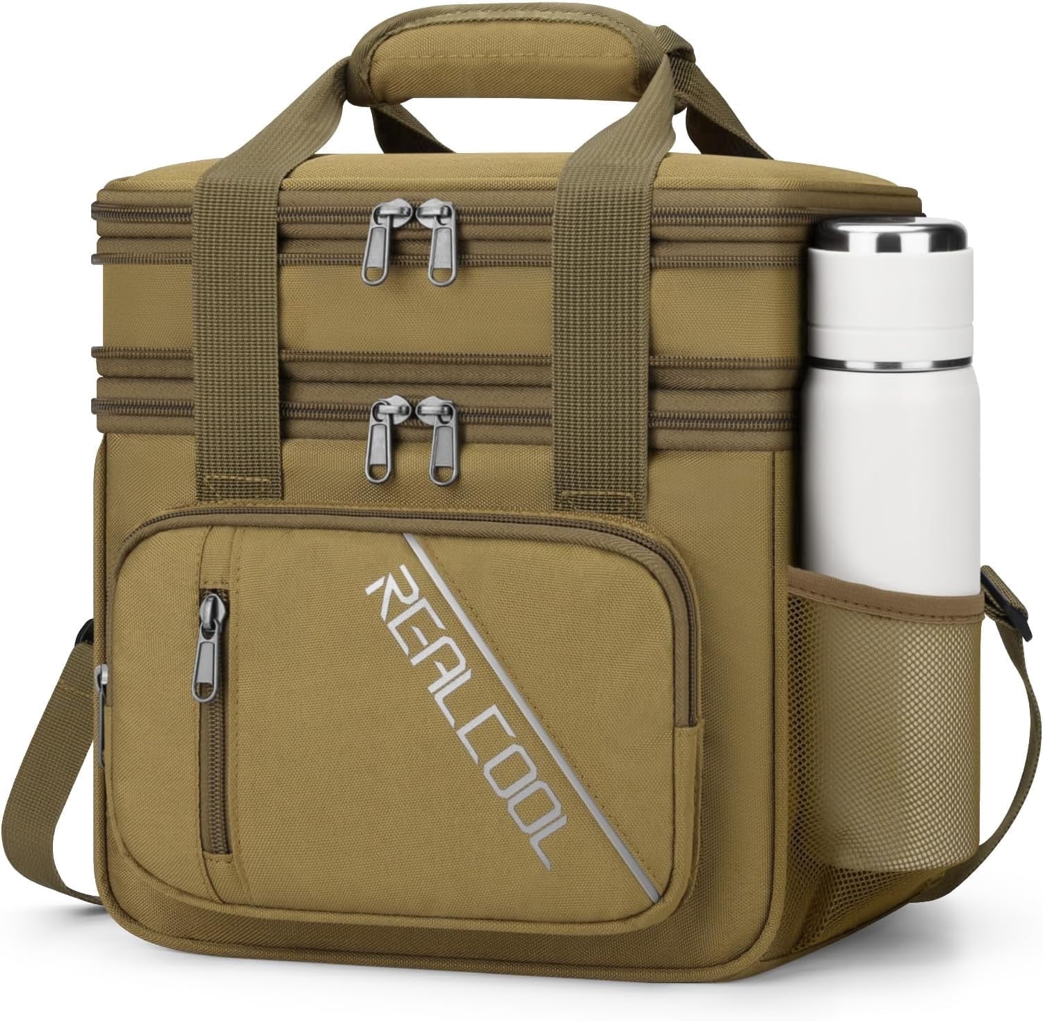 RealCool Lunch Bag, Insulated Lunch Box for Men Women, Double Deck Leakproof Soft Cooler Bag with Adjustable Strap, Lunchbox for Work, Camping Khaki