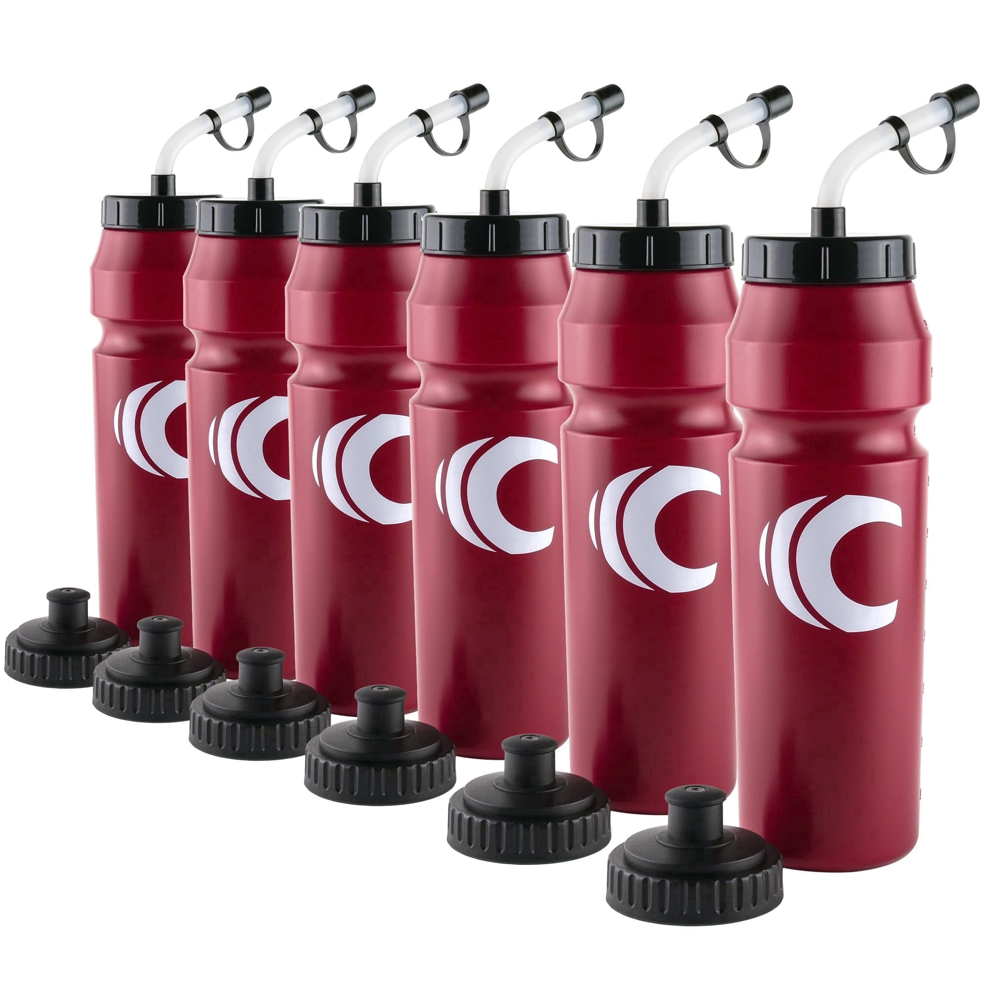 Cannon Sports 1 Liter Sports Water Bottle, BPA-Free, 34 Oz Capacity, Large Mouth, 2 lids (Straw and Squeeze), Great For Helmet Sports Such As Hockey, Lacrosse, Football, Boxing (6 Pack) (Burgundy)