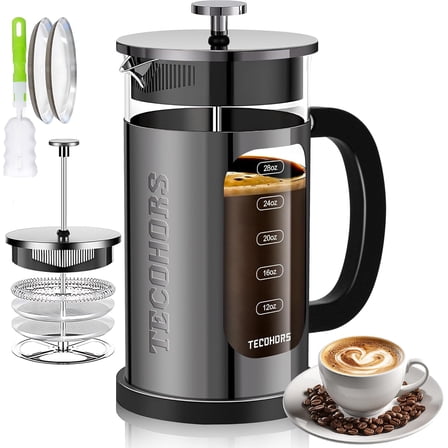 Bybiment French Press Coffee Maker 34oz / 1 Quart Coffee Press, with 4 Filters, Thick Borosilicate , Brewed Coffee Pot (Bright)