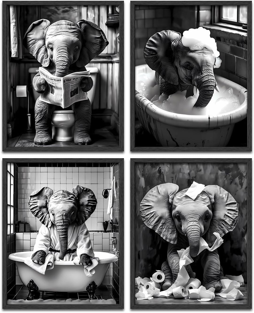 Bybiment Funny Elephants Bathroom Wall Decor Set of 4 and White ...