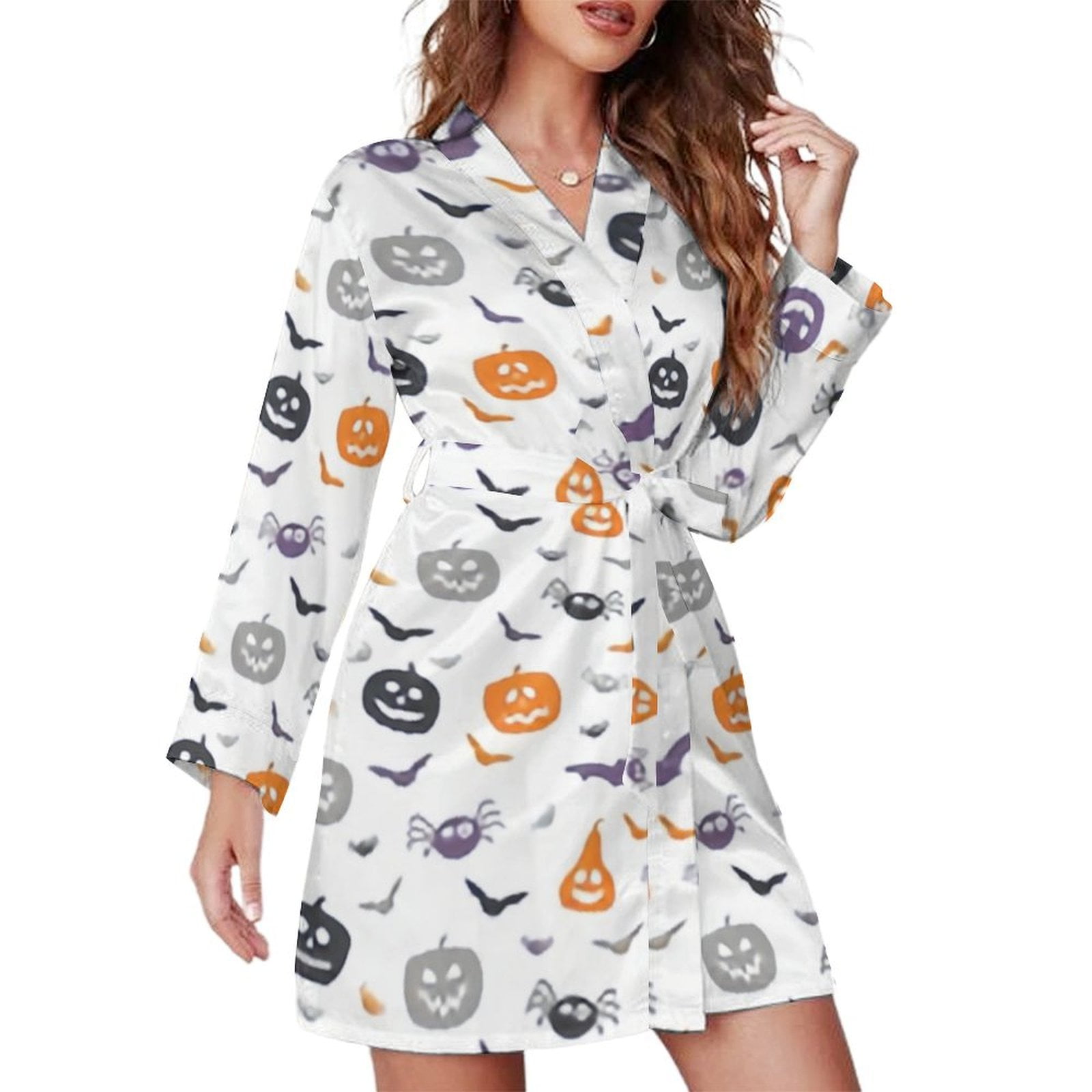 Bybiment Funny Pumpkin Lanterns Bats Women's Long Sleeve Belted Night