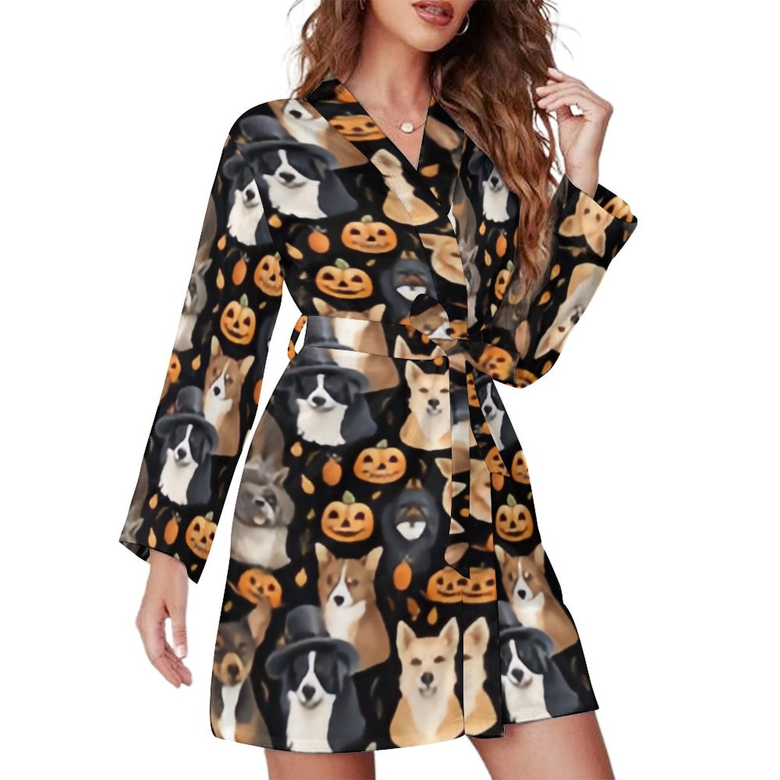 Bybiment Halloween Dog Breeds Pattern Women's Long Sleeve Belted Night