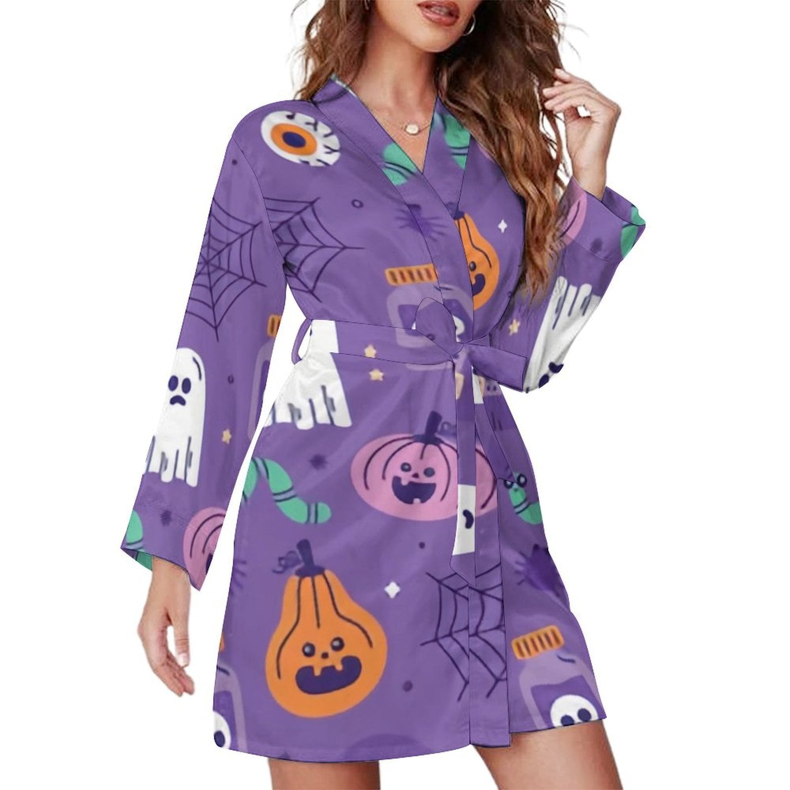 Bybiment Halloween Pattern Happy Women's Long Sleeve Belted Night Robe