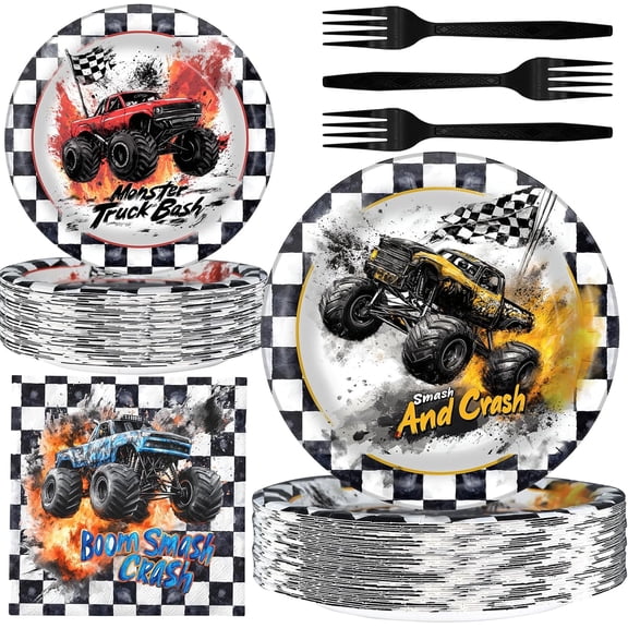 Bybiment Monster Truck Party Decorations Monster Truck Party Plates and Napkins Birthday Party, Serves 40 Guests