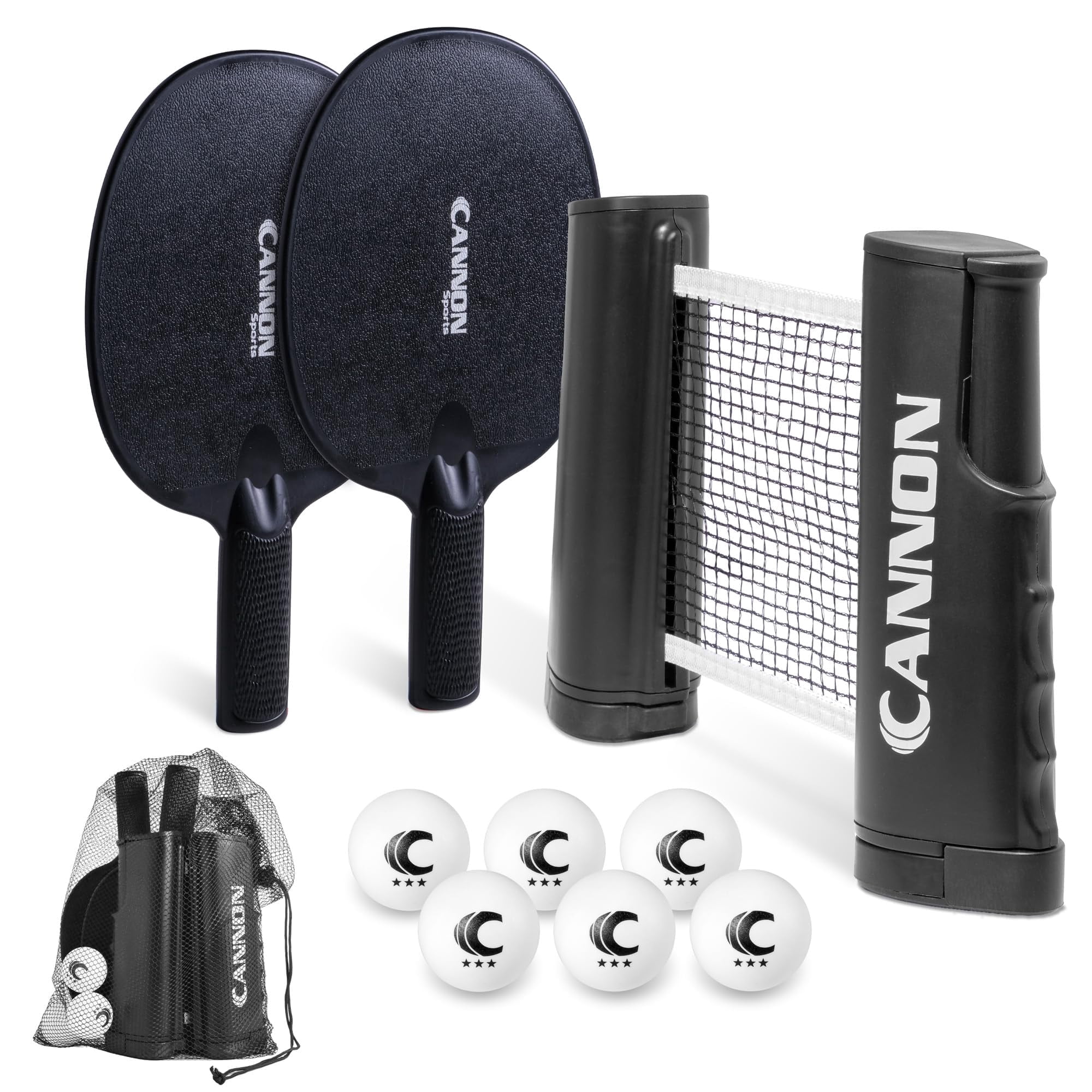 Cannon Sports Table Tennis Set – 2 Unbreakable Paddles, 6 3-Star Balls, Retractable Net & Carry Bag – Clamp-On Portable Ping Pong Net Fits Tables up to 2 Inch Thick, Extends to 6 Feet (Black)