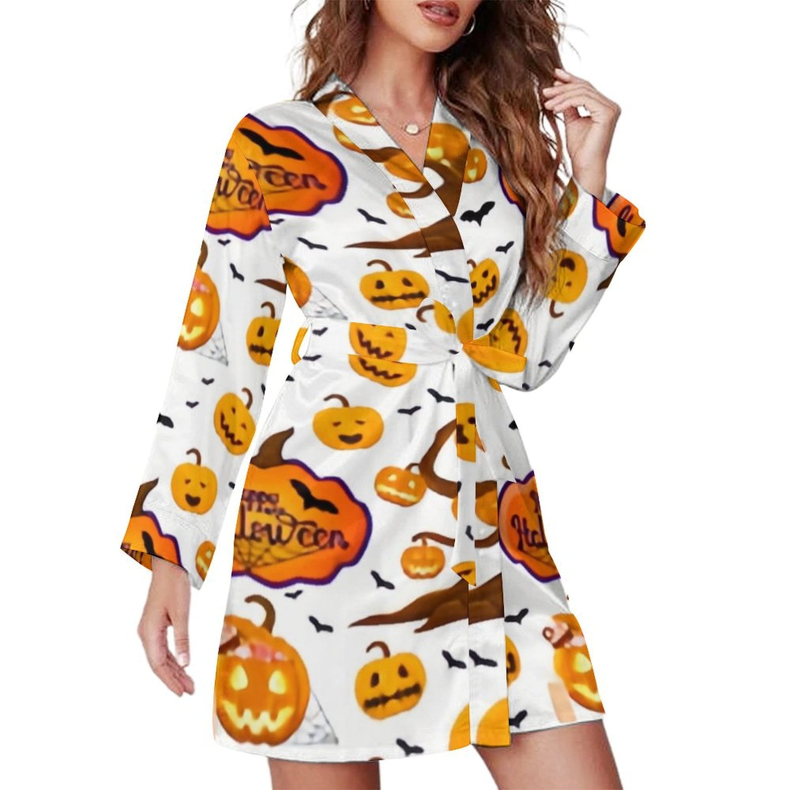 Bybiment Pattern Halloween Pumpkins Bats Women's Long Sleeve Belted
