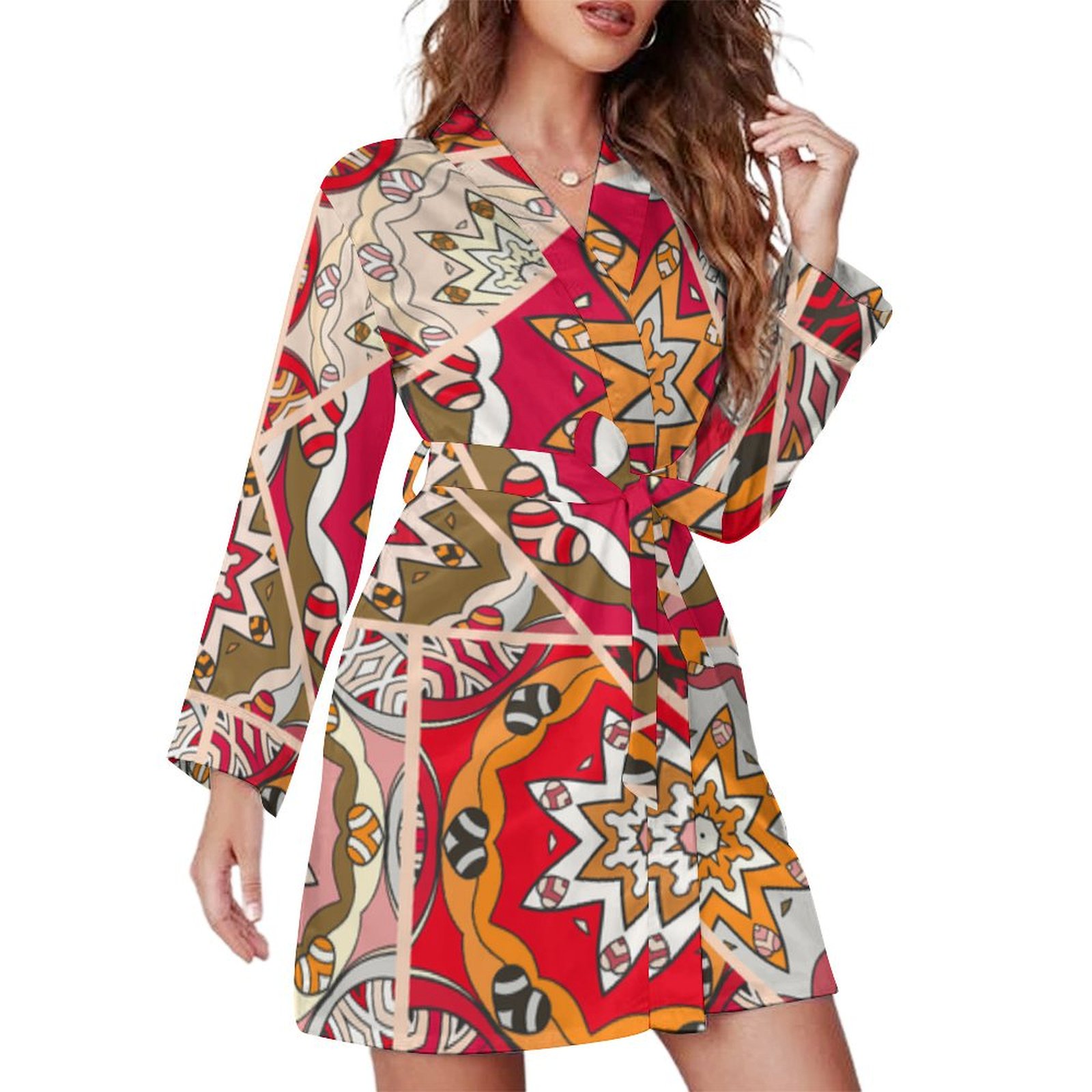 Bybiment Pattern Patchwork Quilt Vintage Women's Long Sleeve Belted