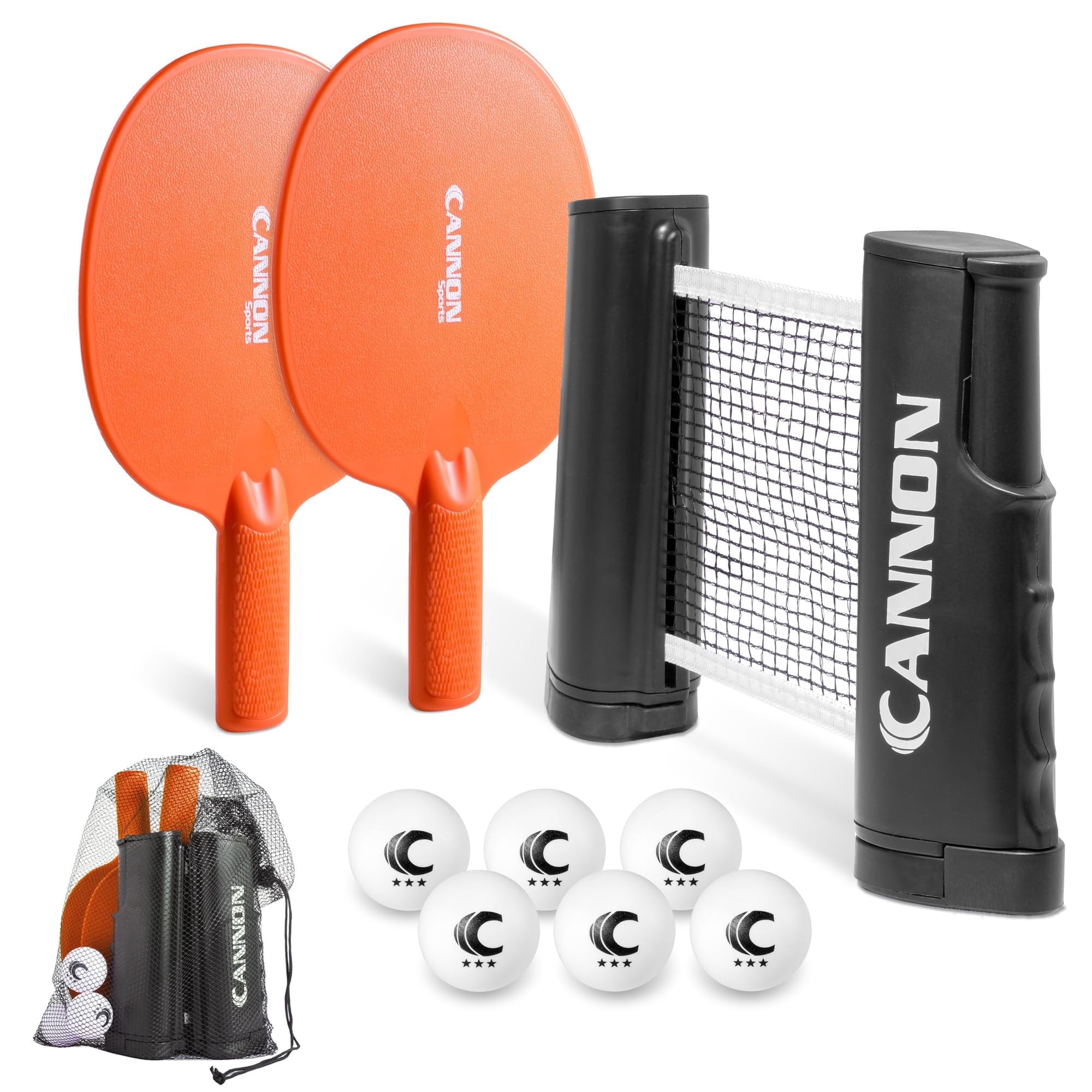 Cannon Sports Table Tennis Set – 2 Unbreakable Paddles, 6 3-Star Balls, Retractable Net & Carry Bag – Clamp-On Portable Ping Pong Net Fits Tables up to 2 Inch Thick, Extends to 6 Feet (Orange)