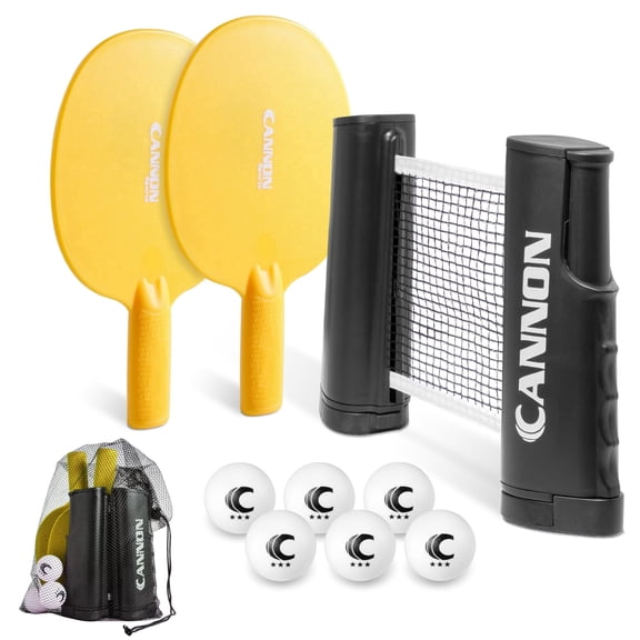 Cannon Sports Table Tennis Set – 2 Unbreakable Paddles, 6 3-Star Balls, Retractable Net & Carry Bag – Clamp-On Portable Ping Pong Net Fits Tables up to 2 Inch Thick, Extends to 6 Feet (Yellow)