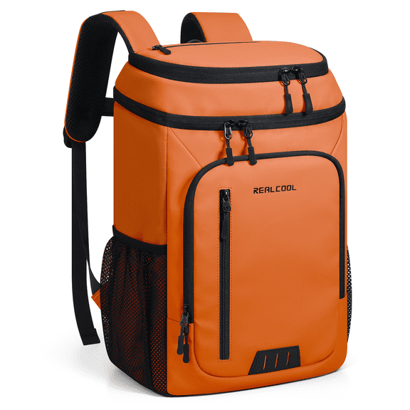 RealCool Cooler Backpack Insulated, 33 Can Large Leakproof Soft Cooler with Bottle Opener, Lightweight Portable Ice Chest Backpack for Travel, Beach, Camping, Hiking-Orange
