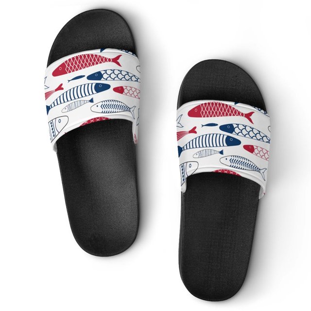 Bybiment Stylish Black Slides for Women Men, Blue Red Simple Fish