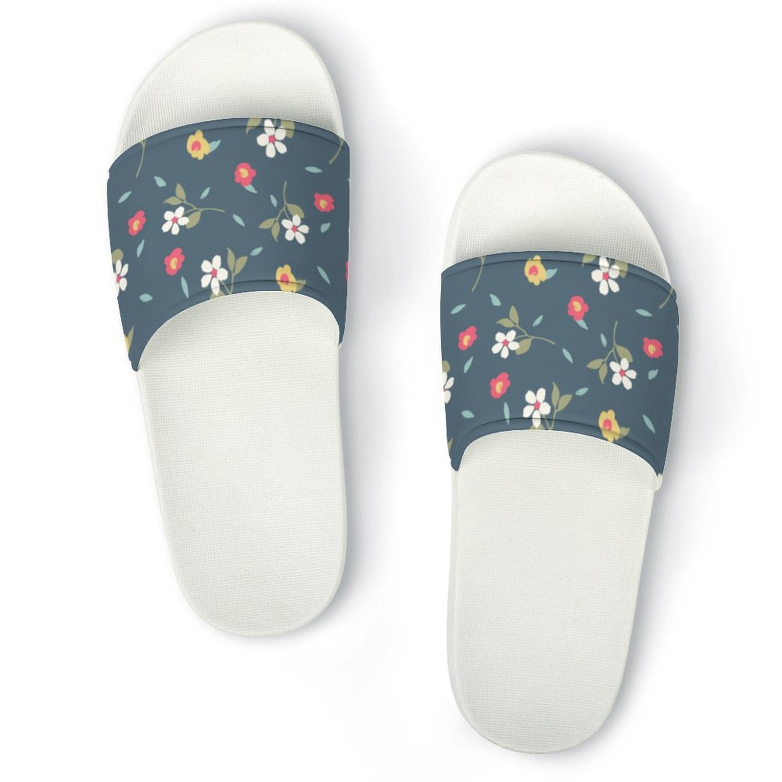 Bybiment Stylish White Slides for Women Men, Tiny Floral Pattern Navy