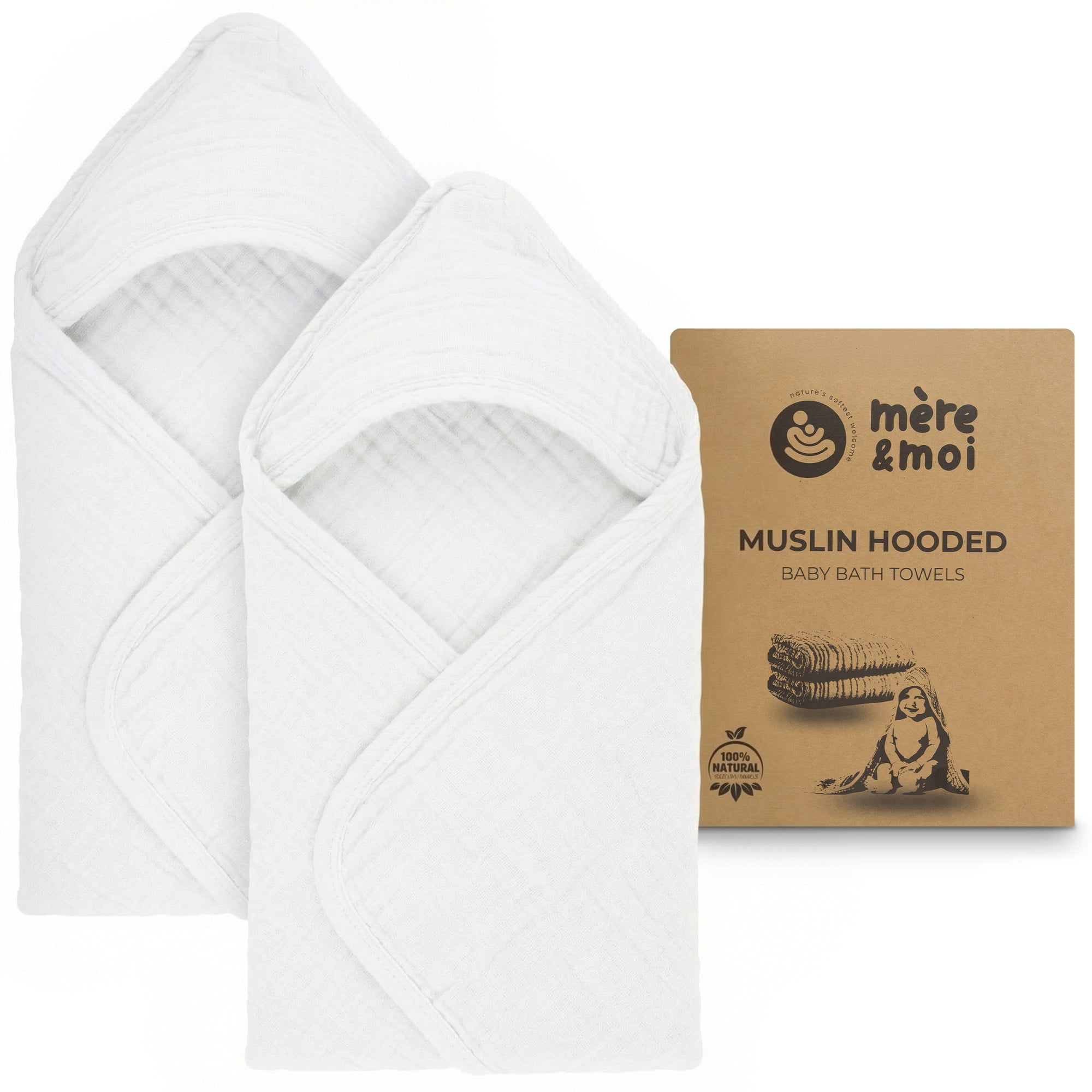 Mère & Moi: Muslin Hooded Baby Bath Towel – 2 Pack, White - 30", Ultra Soft Cotton, Absorbent, Quick-Dry, Oeko-TEX, Pool-Water, Newborn-Toddler Care