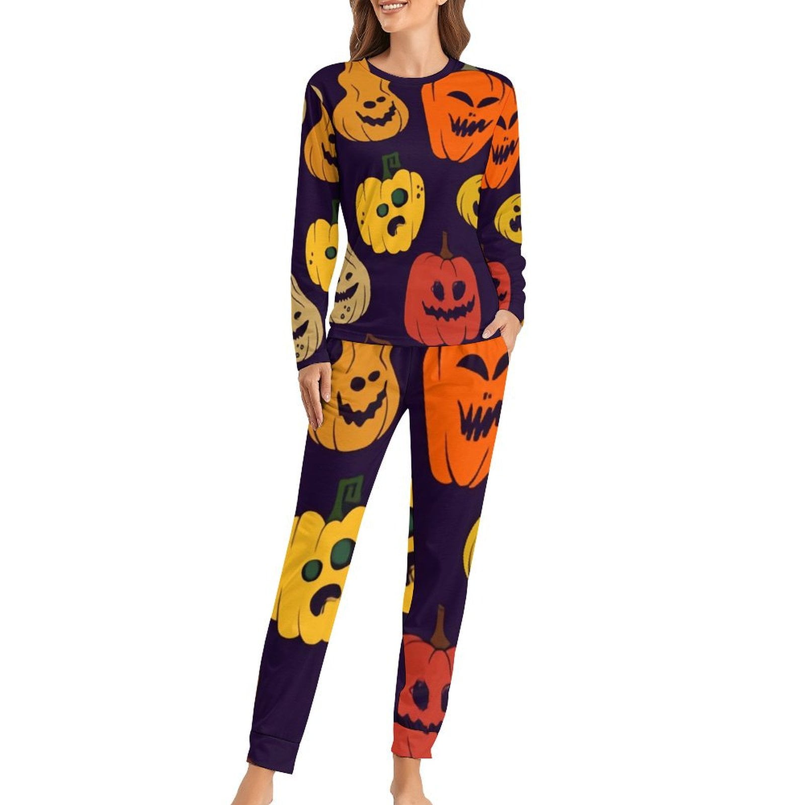 Bybiment Women's Pajama Set Soft, Halloween Pumpkin Seamless Pattern