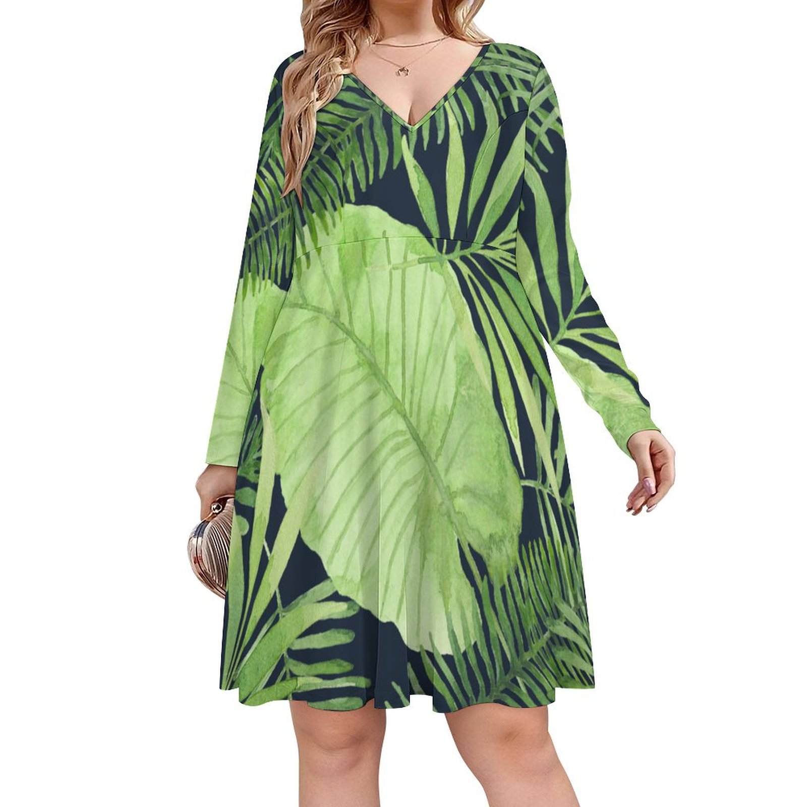 Bybiment Women's Plus Size Midi Dresses, Watercolor Pattern Palm Leaves