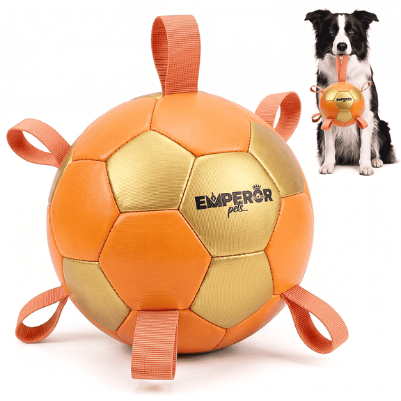 Emperor Pets Dog Toys, 7-inch Dog Soccer & Herding Ball Dog Toy with Straps - Interactive Dog Ball (Orange, 7 in)