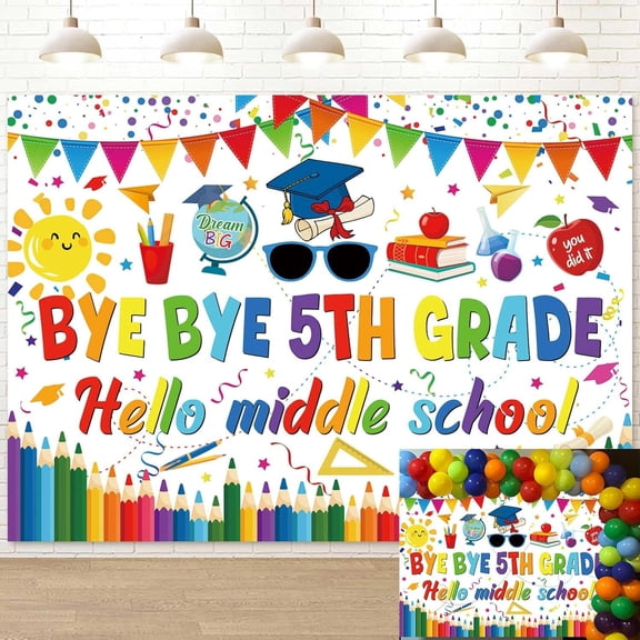 Bye Bye 5TH Grade Hello Middle School Backdrop Next Stop Middle School Background Peace Out Fifth Grade Party Decorations Banner Supplies Photo Booth Props
