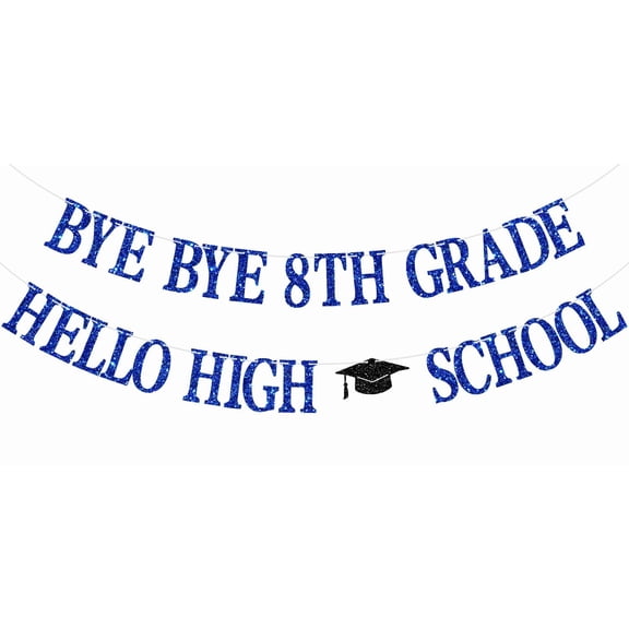 Bye Bye 8th Grade Hello High School Banner, 8th Grade Grad, Peace Out Middle School, Class of 2026 Middle School Graduation Party Decorations Supplies, Blue Glitter
