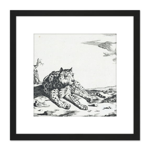 Bye Potter Lying Leopard From Front Big Cat Etching 8X8 Inch Square Wooden Framed Wall Art Print Picture with Mount
