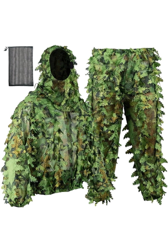 3D Leafy Camo Bionic Suit, Spring Hunting Ghillie Set with Hooded Jacket Pants Bag, Green 160-185cm