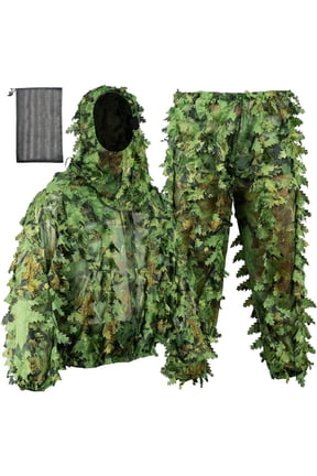 3D Leafy Camo Bionic Suit, Spring Hunting Ghillie Set with Hooded Jacket Pants Bag, Green 160-185cm