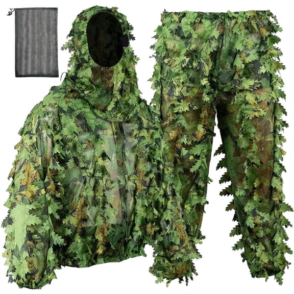 Byfri 3D Leafy Camo Bionic Suit, Spring Hunting Ghillie Set with Hooded Jacket Pants Bag, Green 160-185cm