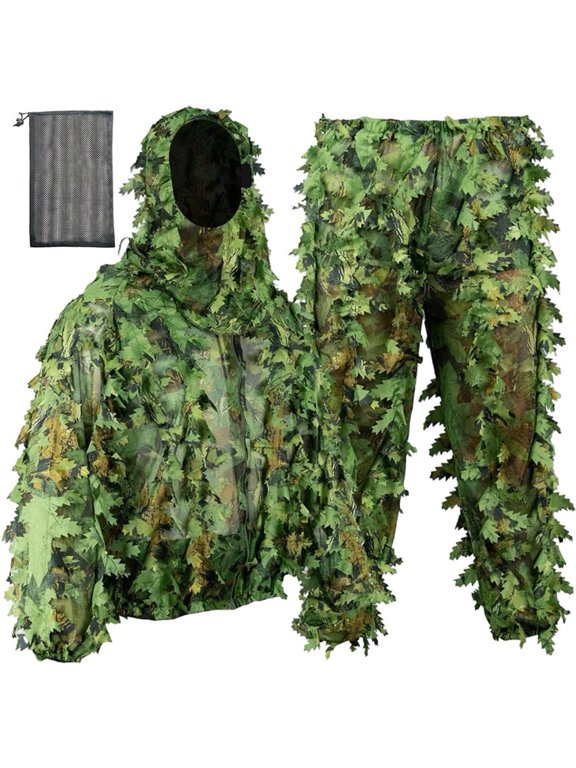 3D Leafy Camo Bionic Suit, Spring Hunting Ghillie Set with Hooded Jacket Pants Bag, Green 160-185cm